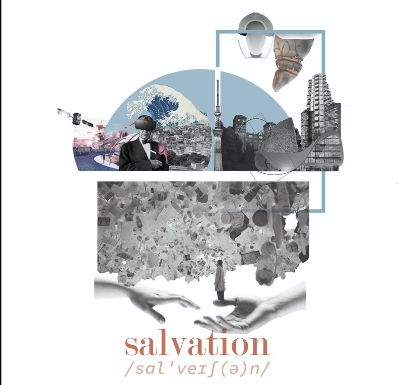 Collage drawing combining historical imagery, urban fabric, and architectural fragments with circular and rectangular frames