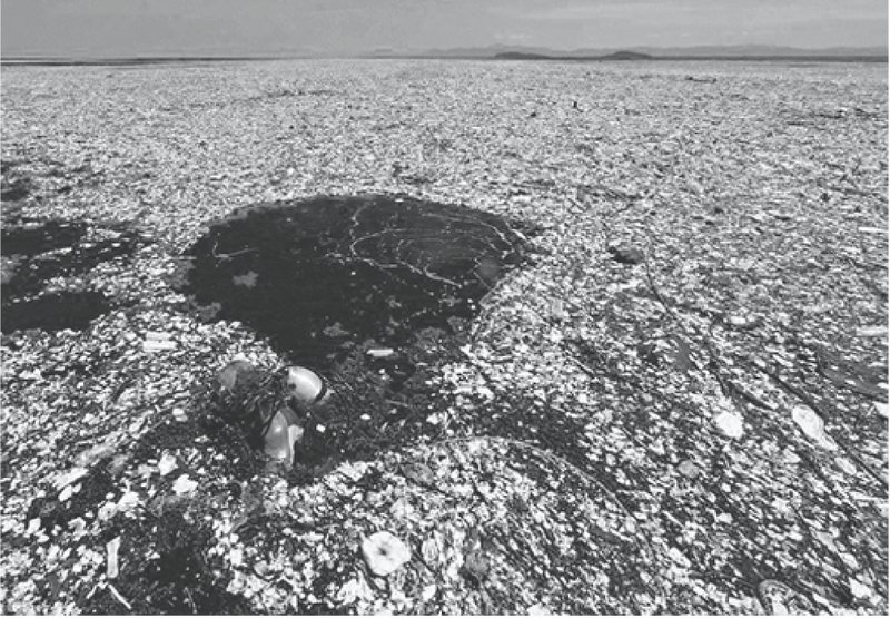 Aerial view of a figure standing beside a dark crater in a vast white pebble field