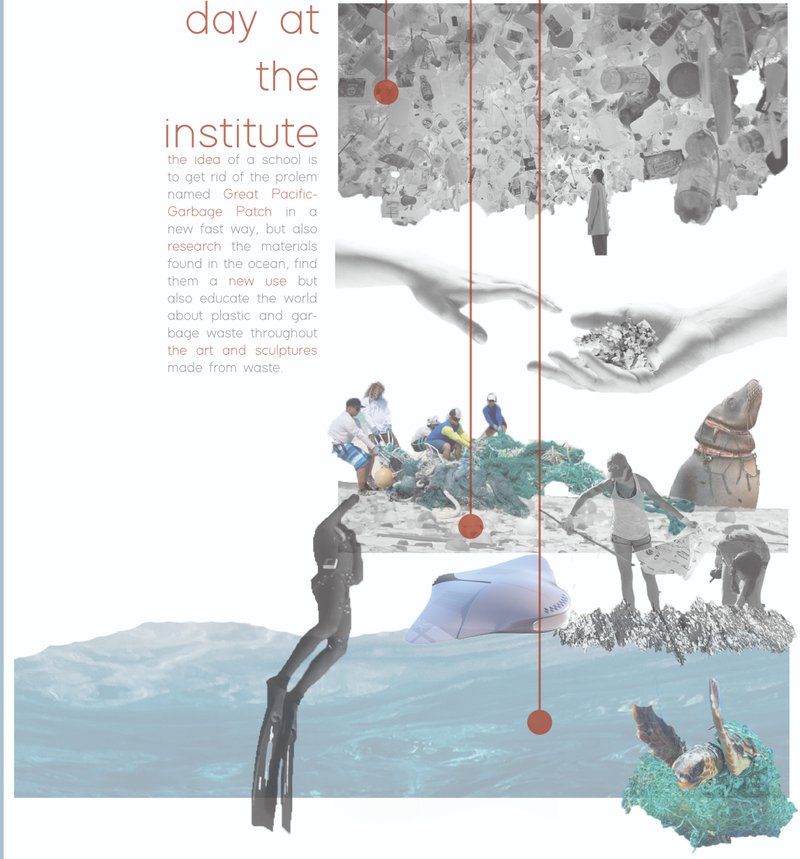 Collage illustration depicting divers, ocean debris, and suspended sculptural elements around a vertical core