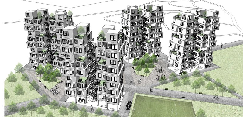 Aerial View of Residential Cluster – A master plan illustrating the integration of modular housing within a sports-centric urban environment.