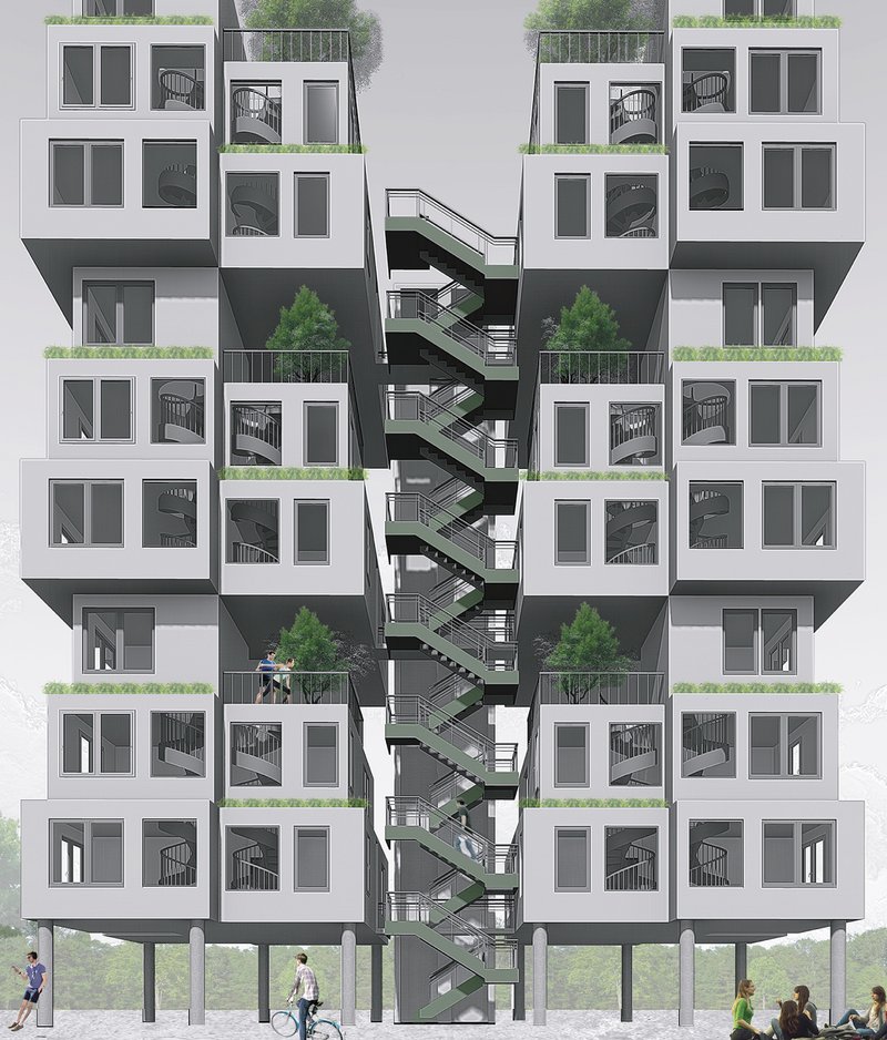 Stacked Modular Housing – A dynamic, sustainable design with interlocking residential units and green rooftop spaces.