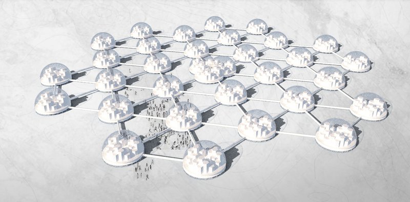 Interconnected Dome Network – A large-scale vision of clustered domes forming a self-sustaining Arctic settlement.