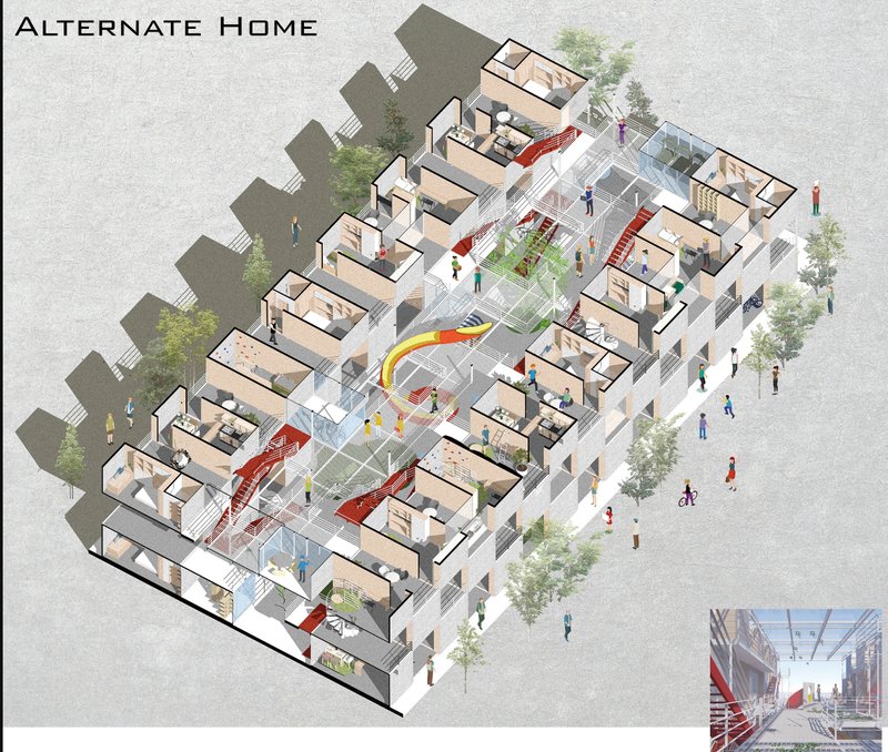 Exploded Isometric View – A detailed visualization of modular unit arrangements and communal design.