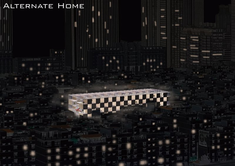 Nighttime Perspective – The illuminated modular structure integrates seamlessly into the urban fabric.