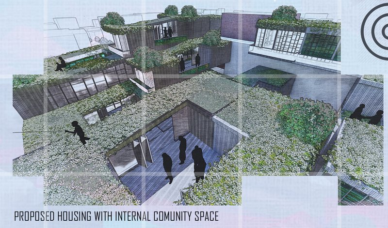 Green-roofed housing with integrated community spaces for a sustainable urban lifestyle.