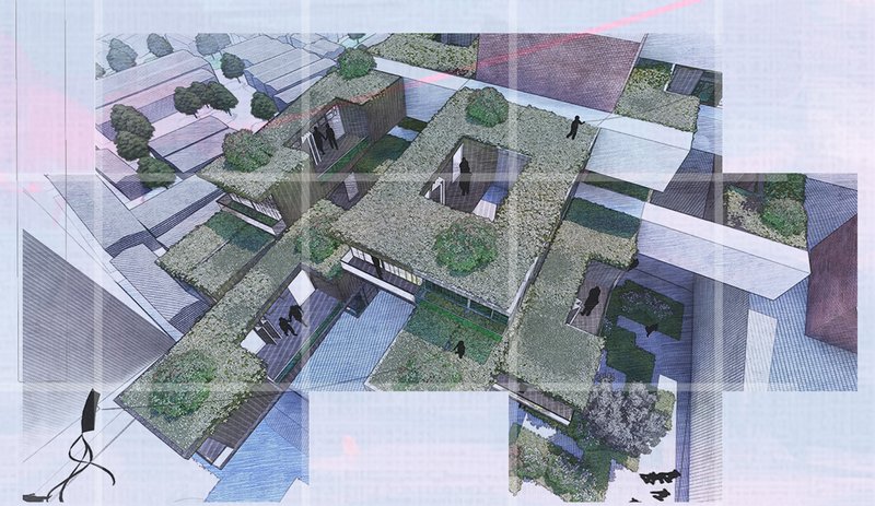 Aerial view of modular eco-housing—blending architecture with nature.