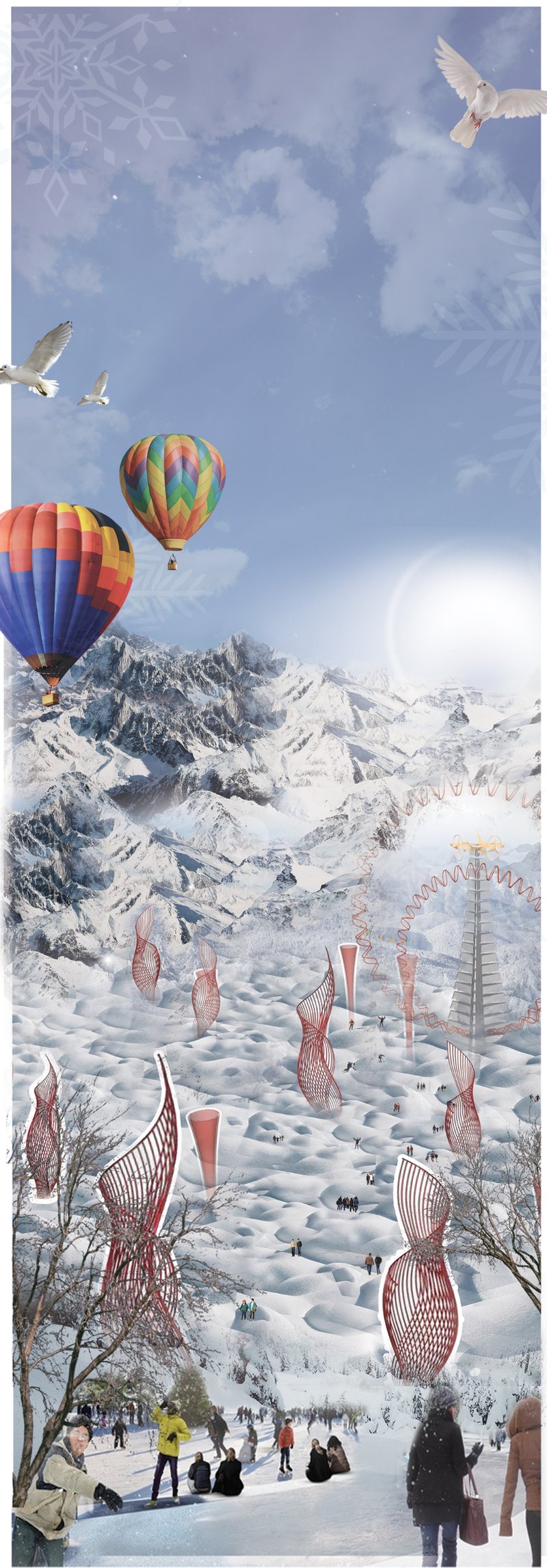 Arctic Wonderland – A futuristic winter city with hot air balloons and architectural marvels.