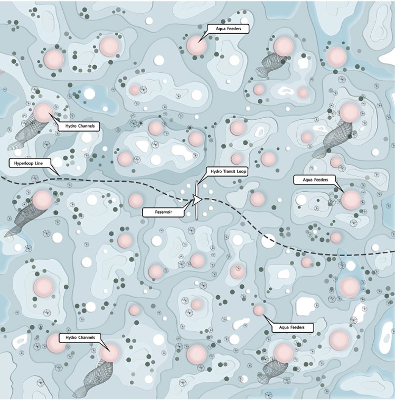 Master Plan – A blueprint of City A.Q.U.A showcasing hydro channels and aqua feeders.