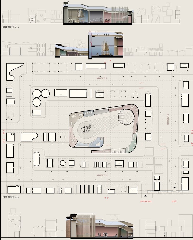 Masterplan and Sections" – A comprehensive floor plan and sectional drawings illustrating the spatial organization of House Factory.