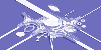 The image presents an axonometric architectural diagram, showcasing a futuristic and conceptual desi