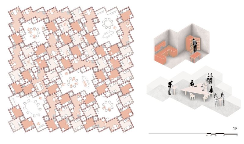 First Floor Plan – A modular layout featuring shared kitchens and dining spaces for social interaction.