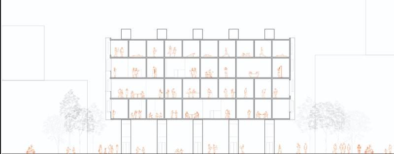 Section View – A cross-sectional perspective showcasing vertical circulation and community interaction.