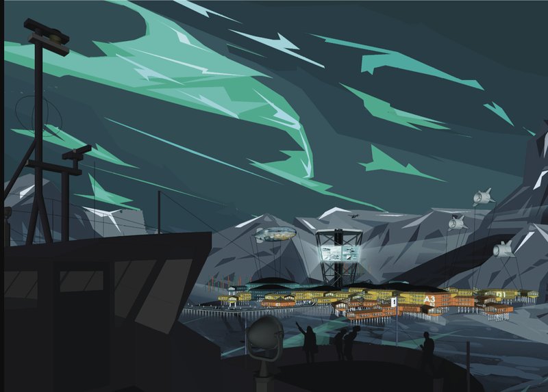 Aurora-lit Arctic Research Hub – A futuristic, self-sustaining Arctic research station under the mesmerizing northern lights.
