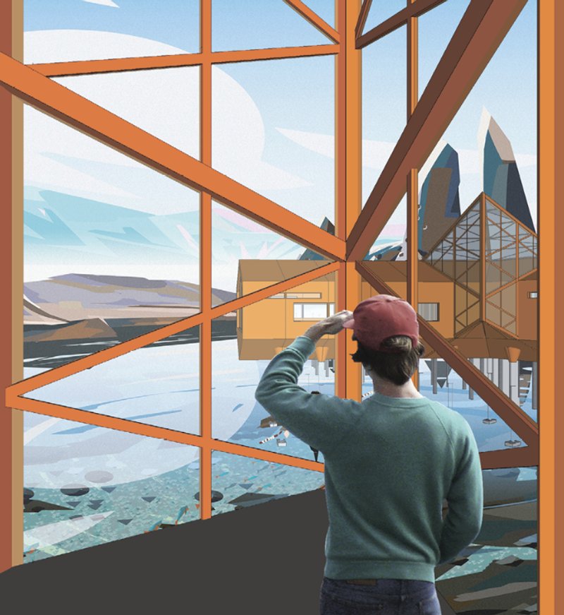 Panoramic Arctic Viewpoint – A researcher observing the innovative, climate-conscious architectural structures.