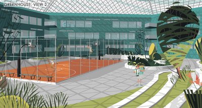 The image depicts an indoor greenhouse space featuring a basketball court and lush greenery. The arc
