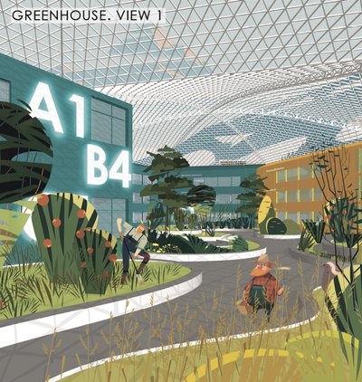 This architectural illustration depicts a modern greenhouse interior, showcasing a blend of urban fa