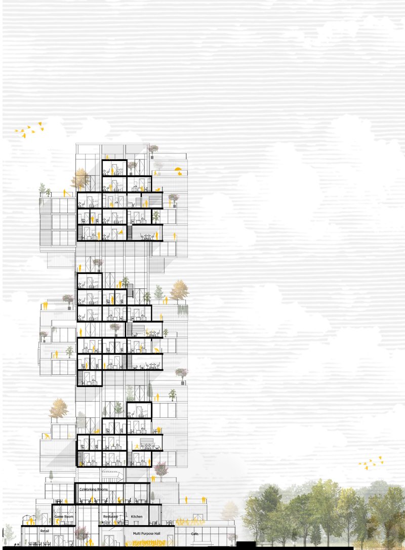 Vertical Section – A detailed sectional view showcasing the modular arrangement and spatial connectivity.