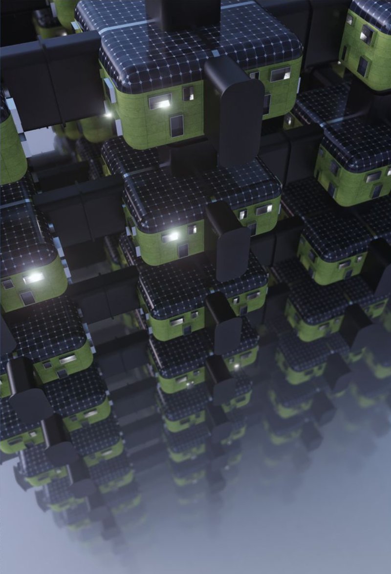 Sustainable Design Close-up: A detailed view of the habitat's modular units, showcasing solar panels and energy-efficient design elements.