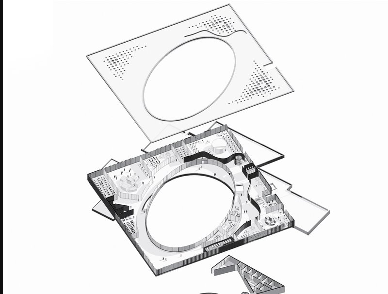 Exploded Axonometric View – A breakdown of the building’s spatial organization and layers.