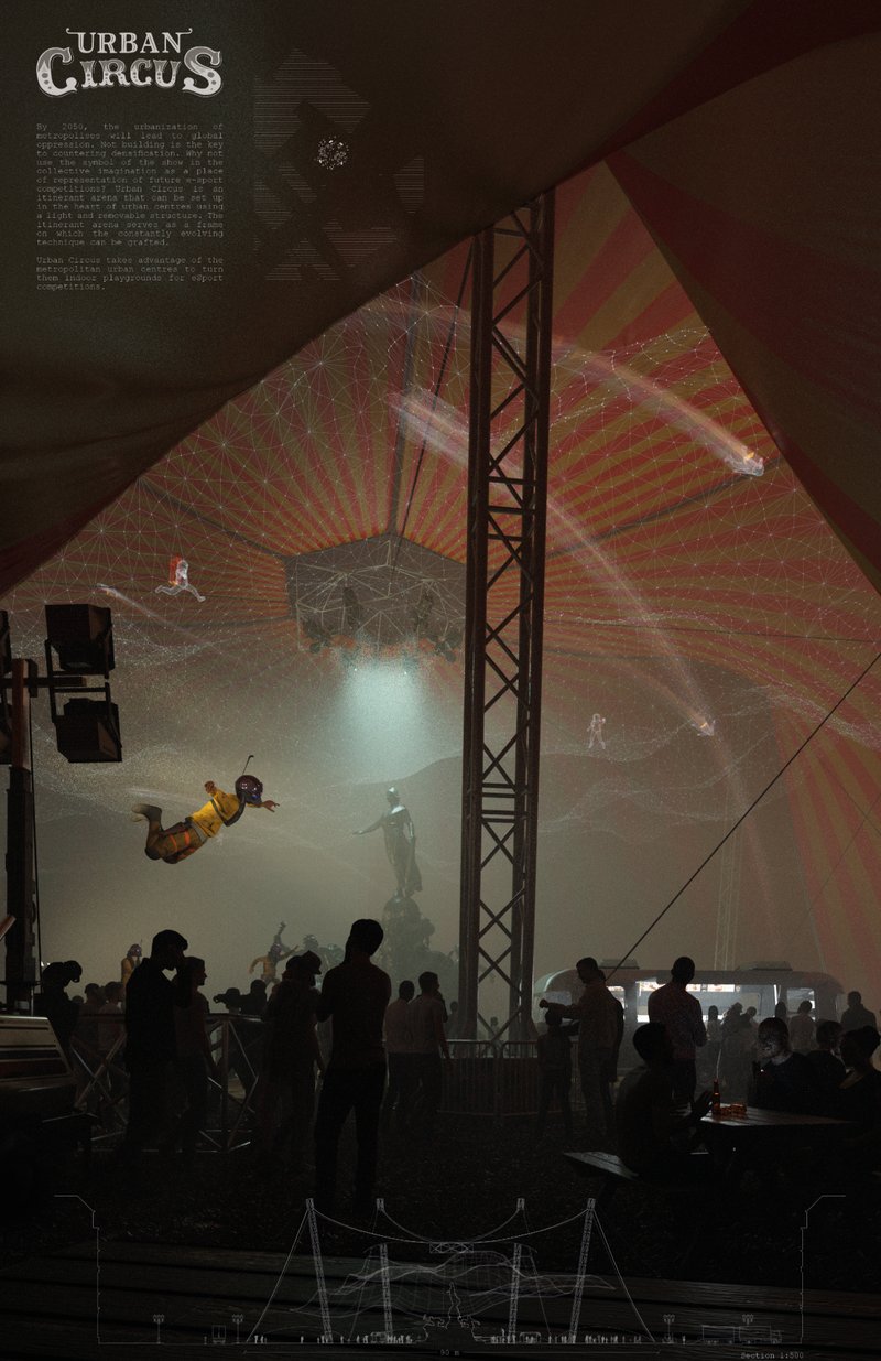 Immersive E-Sports Experience – Players and spectators merge in a holographic game world under the Urban Circus tent.
