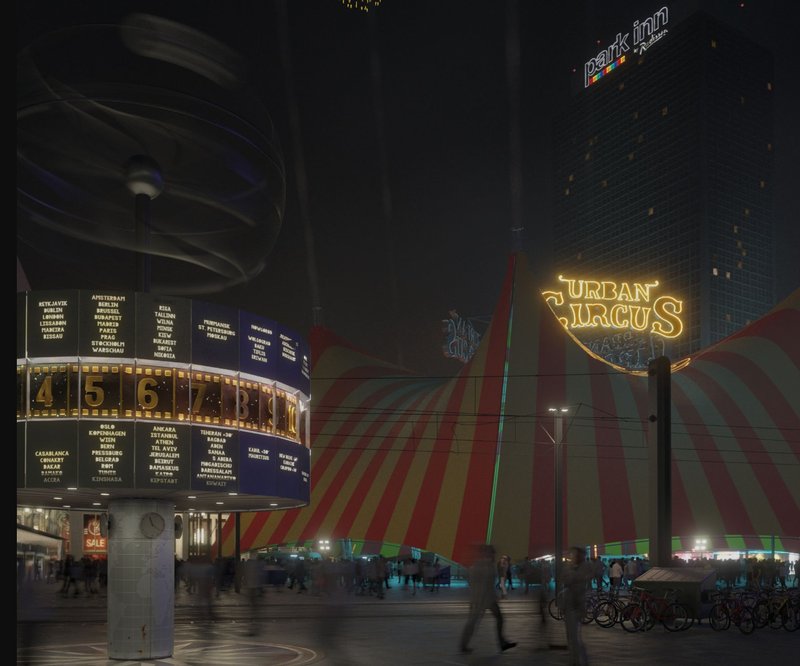 Urban Circus at Night – A futuristic e-sports arena lights up the cityscape, transforming public spaces into digital playgrounds.