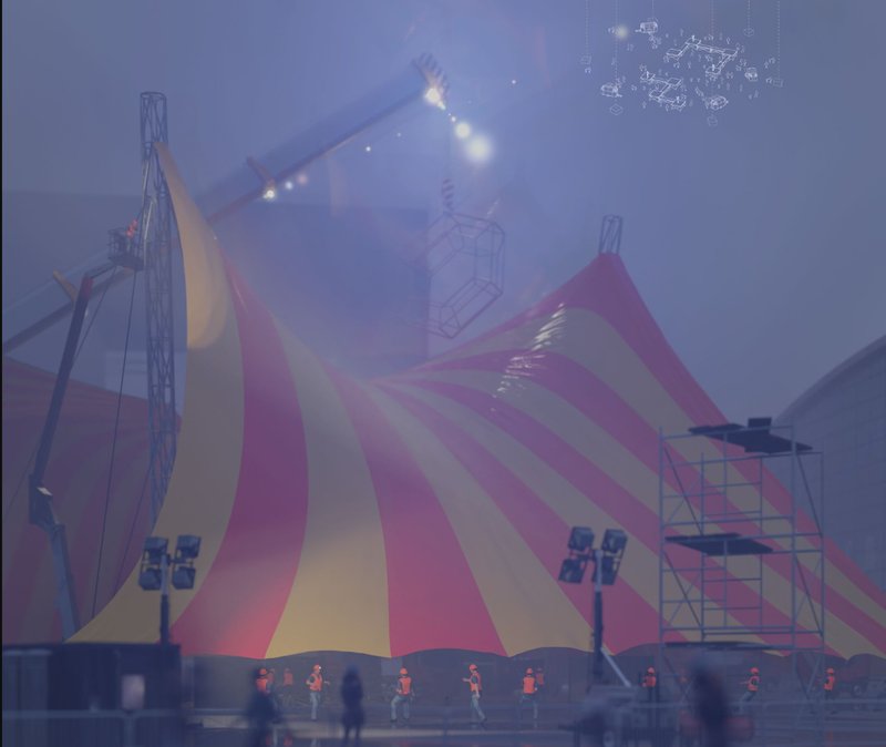 The Setup – Construction crews assemble the temporary Urban Circus structure, redefining e-sports arenas in urban centers.
