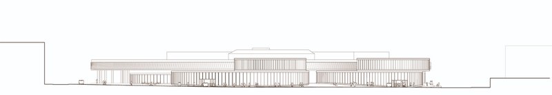 Elevation drawing showing the horizontal massing of the multi-level structure with slender columns