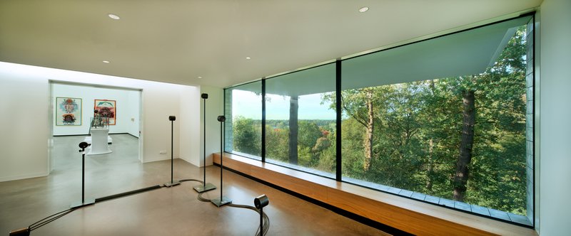 Gallery corridor with full-height glazing overlooking treetops in afternoon light