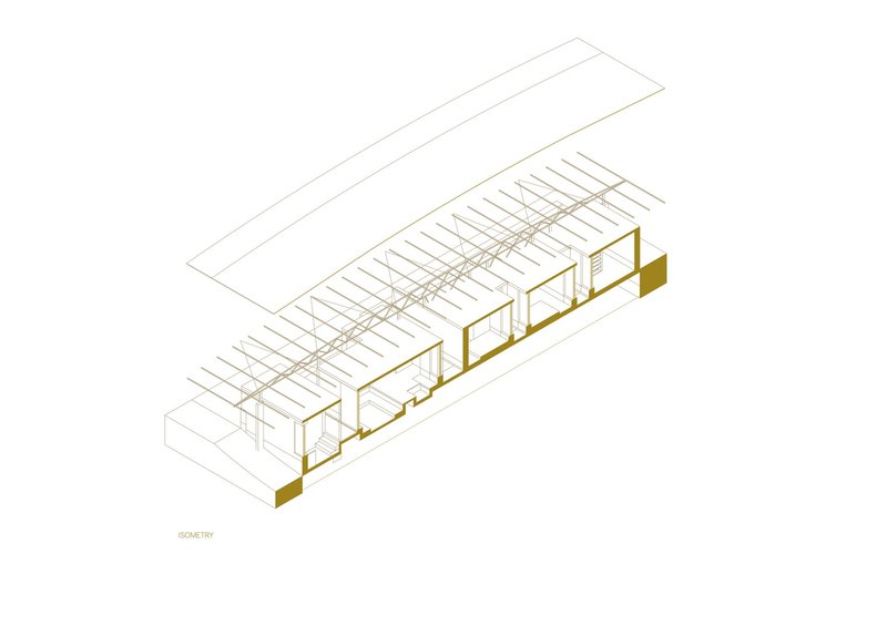Isometric drawing showing timber framing and clay modules under a continuous gabled roof