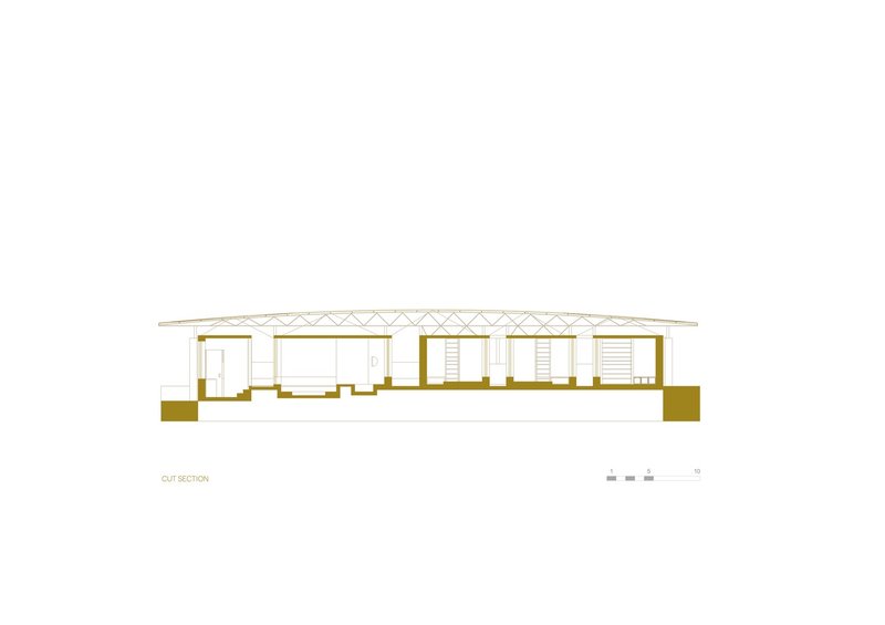 Section drawing showing the interior volumes beneath a flat truss roof with flanking masses at each end
