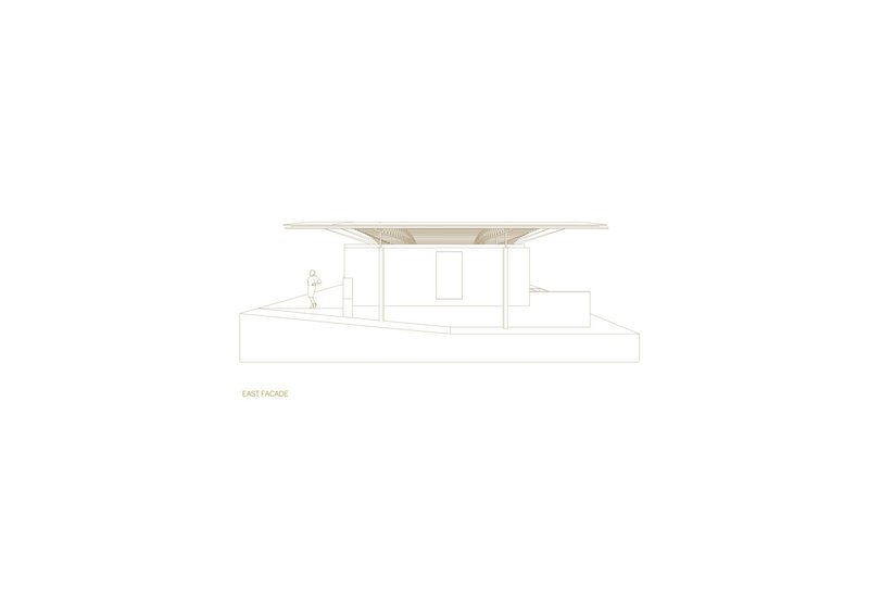 East elevation drawing revealing a cantilevered roof overhang above a minimal glazed facade and raised plinth
