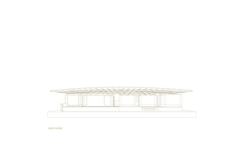 North elevation drawing displaying the full-width truss roof structure supported by slender columns along the facade