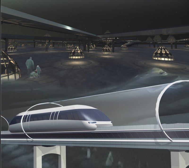 Elevated transit tube with streamlined pod passing illuminated dome structures at night