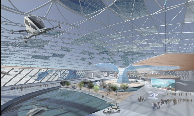 Interior view beneath gridded glass roof with water feature, pedestrians, and flying transport vehicles