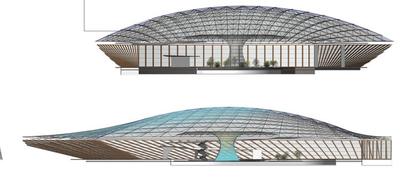 Elevation drawings showing latticed dome roof profiles with structural ribbing and central glazing
