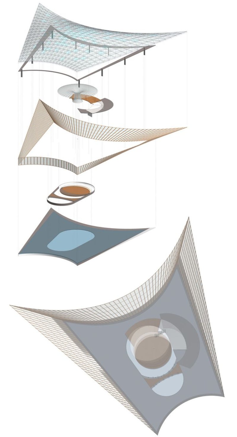 Exploded axonometric drawing illustrating layered roof structure, floor plates, and central circular core
