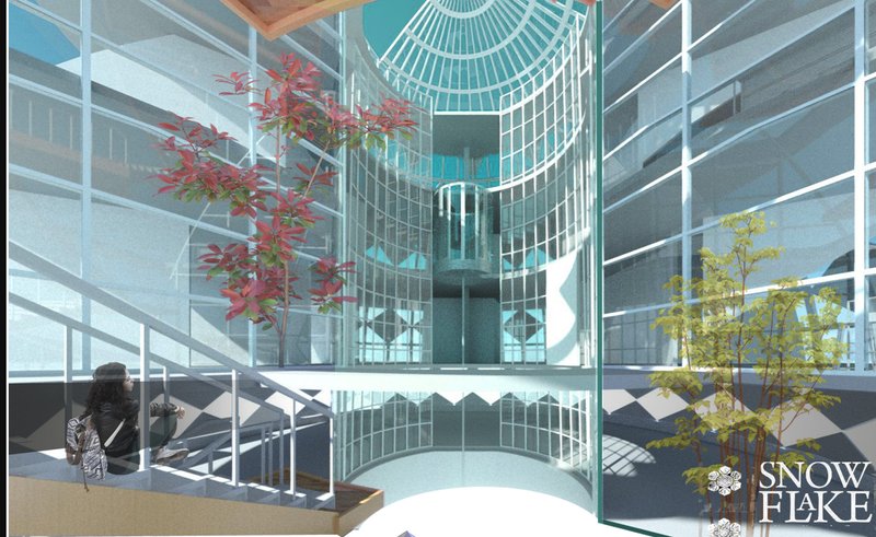 Interior atrium with glass curtain wall, circular pool, and deciduous trees in autumn and spring foliage