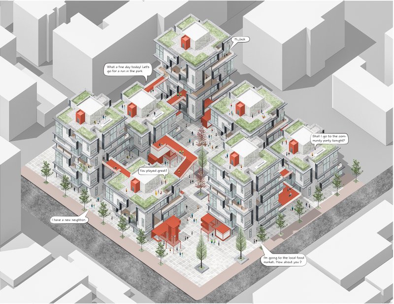 Aerial View of Modular Housing – A visionary urban housing concept built with modular architecture for adaptable and sustainable living.