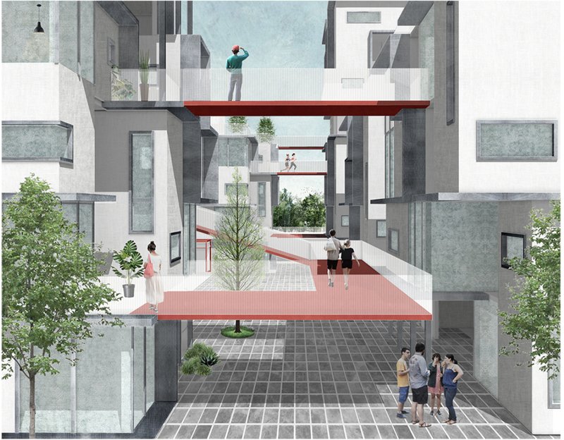 Community Spaces &amp; Connectivity – Elevated walkways and shared spaces foster social interactions in a modern urban environment.