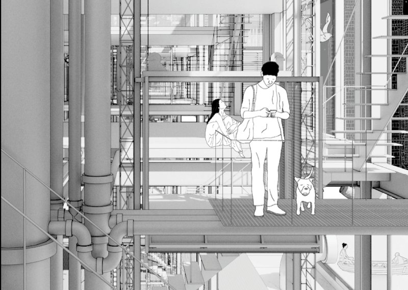 Bridging Architecture and Life – A depiction of human interaction within an elevated, tech-integrated living space.