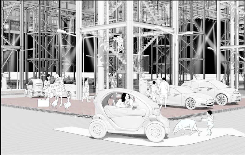 Dynamic Community Spaces – A futuristic ground-level perspective with integrated pedestrian and vehicular movement.