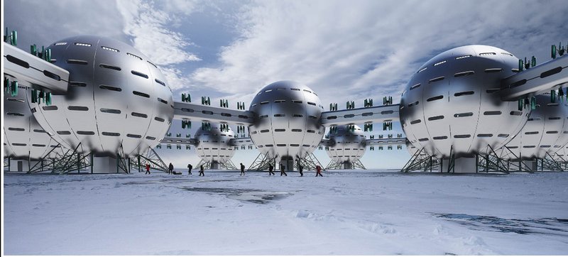 Futuristic Arctic Housing – A visually striking view of the interconnected, spherical modular housing units