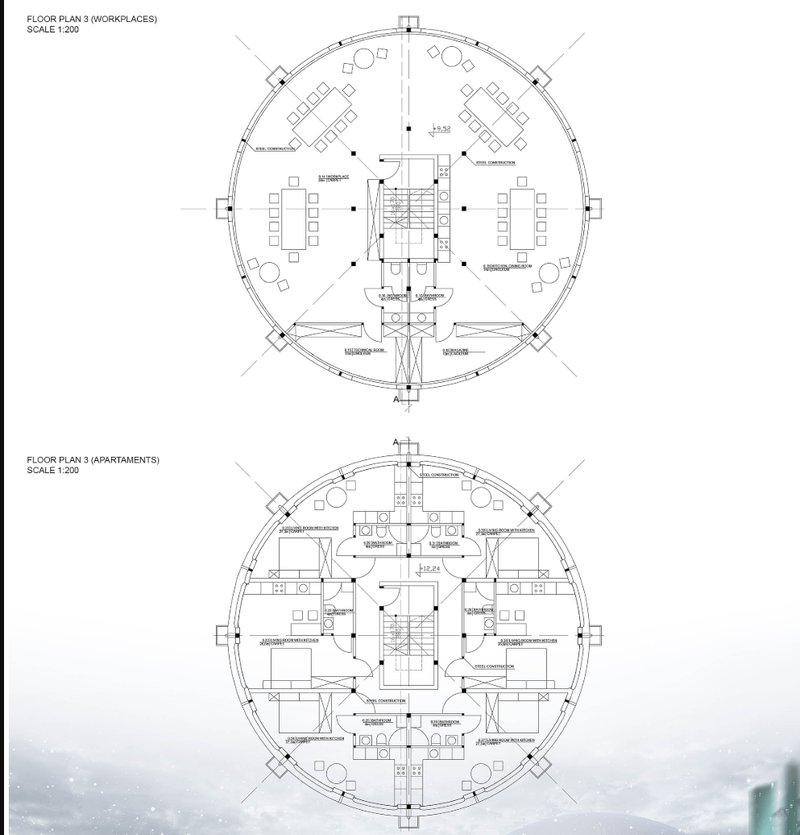 Work &amp; Living Spaces Layout – Detailed floor plans illustrating the combination of workspaces and residential apartments.