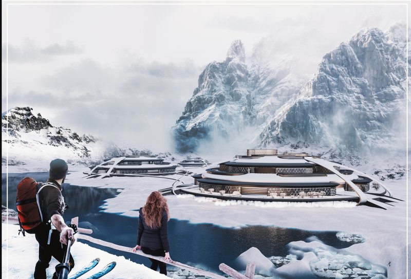 Futuristic Arctic Living – A sustainable city emerges in the heart of a frozen landscape.