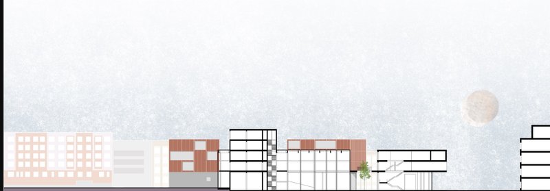 A cross-sectional view showcasing the project's spatial relationships and urban context.