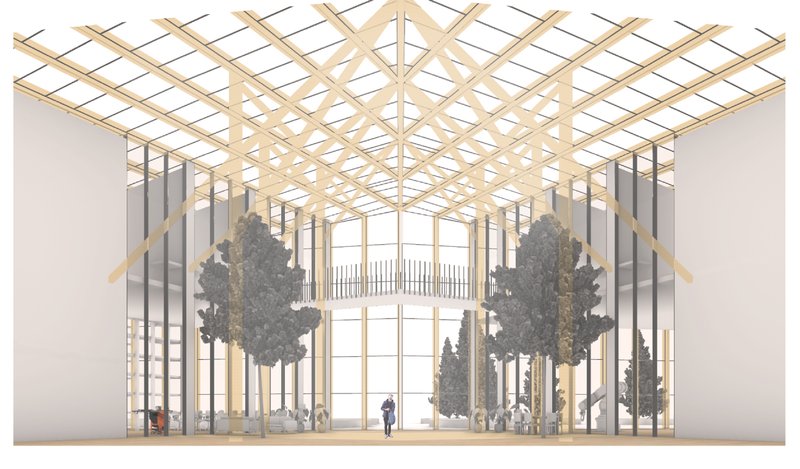 Atrium View – The grand atrium with sustainable timber framing and indoor greenery, fostering a collaborative learning environment.