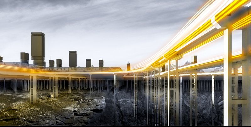 Futuristic Skyline &amp; Transport – A vision of sustainable architecture with an elevated, high-speed transport network.
