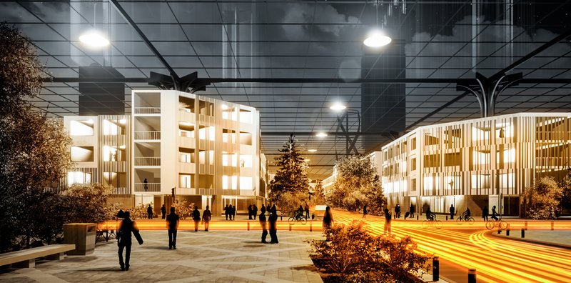 Nighttime Glow – The city’s illuminated energy-efficient urban framework at night.