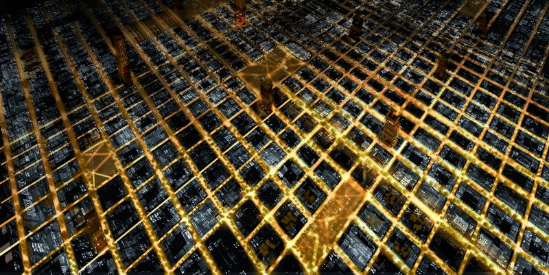 Illuminated Grid Network – A bird’s-eye view of the city’s structured and interconnected design.