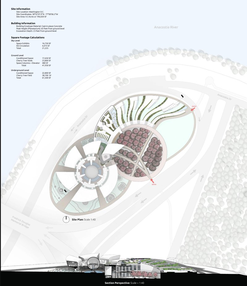 Site Plan &amp; Section Perspective: An overview of the project’s location and structural integration within the environment.